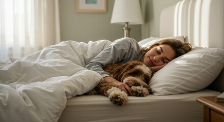 Naklejka na ściany i meble Peaceful woman resting in bed cuddling with her dog during a serene morning moment.