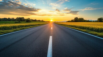 Road Through Field at Sunset