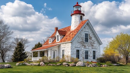 Fototapeta premium White Lighthouse with Red Roof and Tower Under Blue Sky