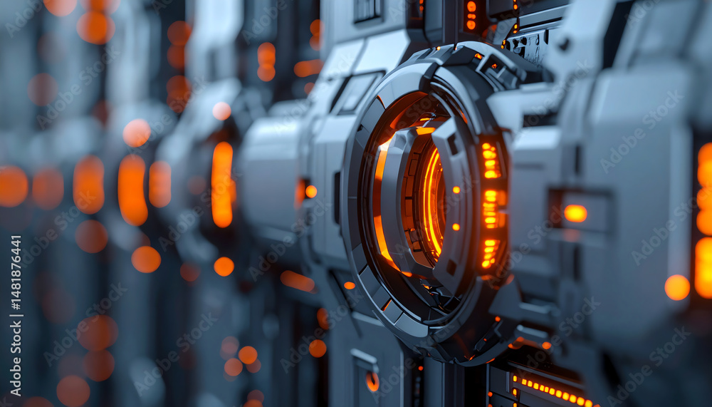 Poster futuristic, high-tech design featuring intricate patterns and glowing orange elements against a dark