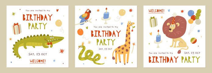 Childrens birthday invitation square poster or web banner set. Can used for birthday party, childish card design. Cute animals and gifts. Tropical animals party invite backgrounds. Vector illustration
