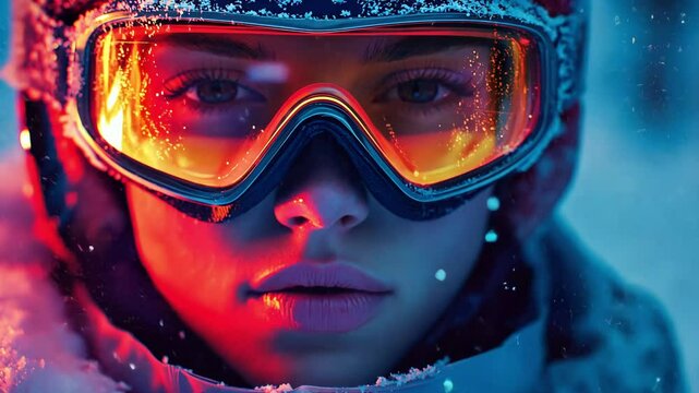 Young adventurer in vibrant ski gear explores snowy mountains with determination and passion for winter sports
