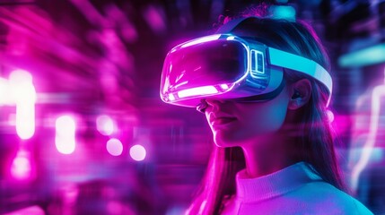 Virtual reality experience: woman wearing headset exploring a futuristic digital universe with vibrant neon lights and cyberpunk aesthetic technology of the future 