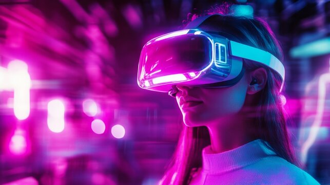 Virtual reality experience: woman wearing headset exploring a futuristic digital universe with vibrant neon lights and cyberpunk aesthetic technology of the future 
