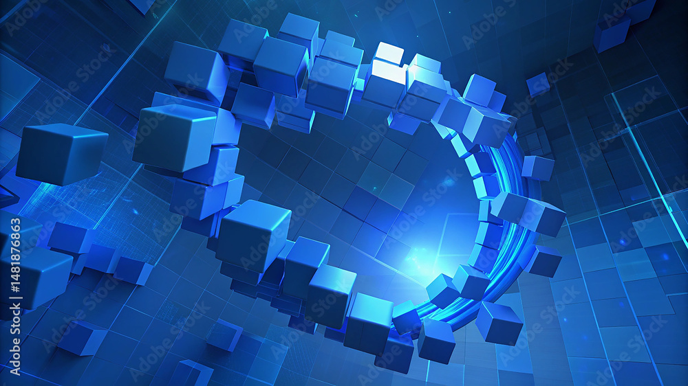 Poster looped 3d animation of blue cubes with modern tech abstract background