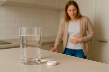 Woman feeling discomfort while standing near water glass and tablets  