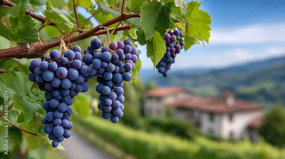 Poster bunch of grapes hanging from a vine. the grapes are blue and are on a tree. the tree is in front of 