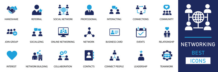Networking icon set featuring symbols for connections, communication, socializing, and professional interaction. Perfect for business, collaboration, and digital networking needs.