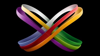 Colorful ribbon is twisted into a cross shape. The ribbon is made of different colors and is very long