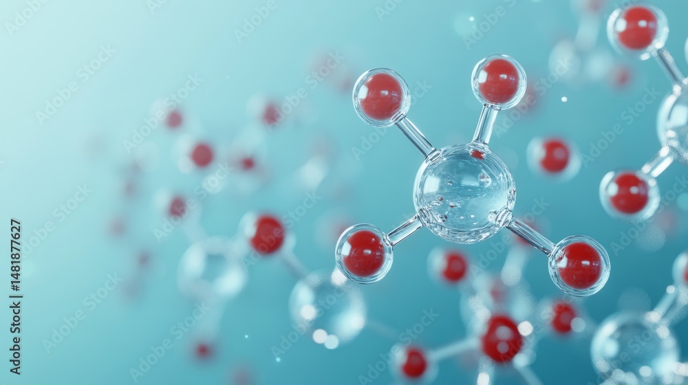 Poster 3d render of water molecule models h2o illustrating molecular structure on a blue gradient backgroun