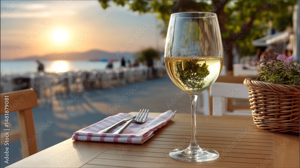 Aufkleber glass of wine is on a table next to a fork and knife. the table is set for a meal and the wine glass
