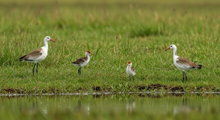 Bird Family in Green Grass Near Water