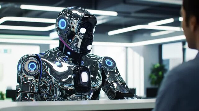 A Metallic Robot Interacts With A Person In A Modern Workplace