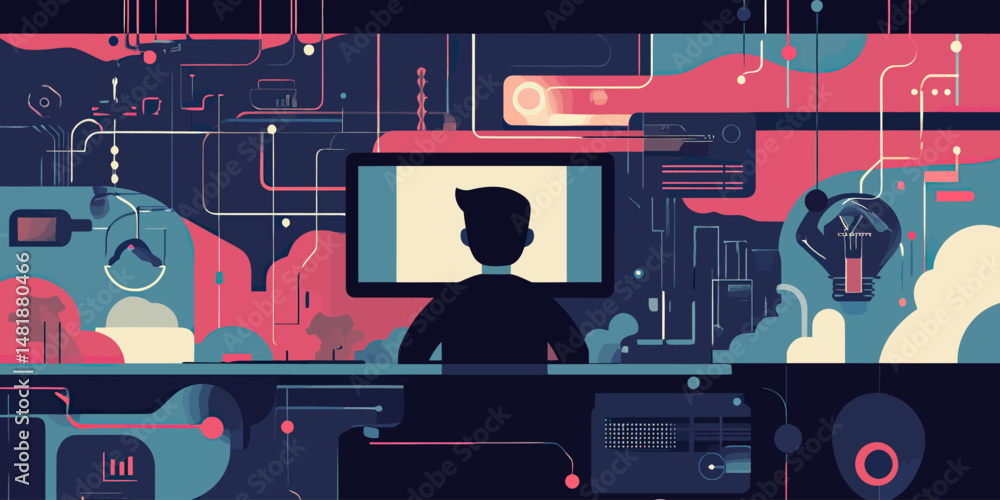 Poster silhouette business man working on desktop computer with abstract digital data network background cl
