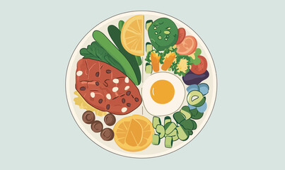 Flat minimalist vector plate with grilled salmon lemon, fried egg, sliced avocado, cucumber, mixed fresh vegetables, and black olives balanced meal illustration