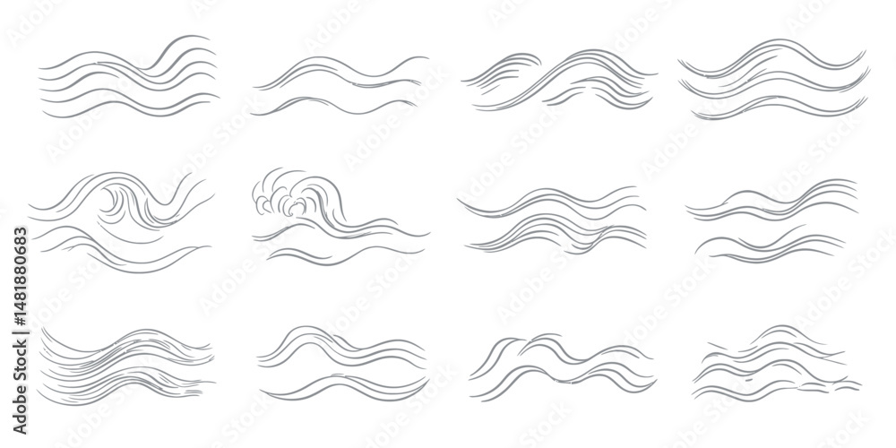 Poster set of twenty hand drawn minimalist black wave line icons with smooth curves and fluid water motion 
