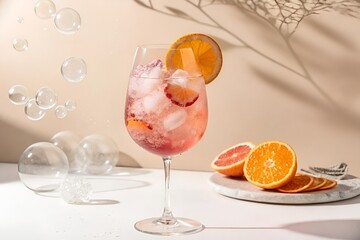 Pink Sangria Glass with Orange Slice on White Surface and Pastel Beige Background