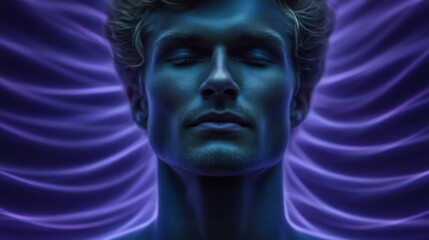 Captivating portrait of a serene young man showcasing striking features against an abstract glowing background radiating tranquility and introspective beauty with captivating illumination