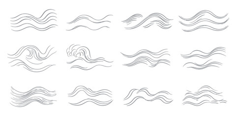 Set of twenty hand drawn minimalist black wave line icons with smooth curves and fluid water motion outlines for ocean and sea design elements vector illustration