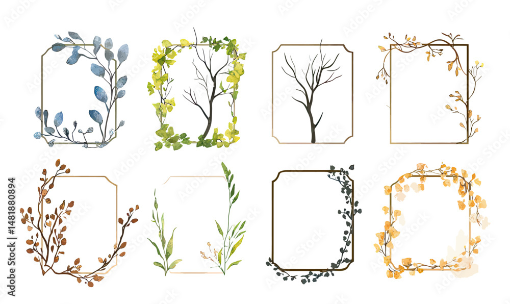 Aufkleber set of eight botanical rectangular frames with watercolor foliage and branches in various colors for