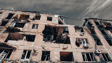 ruined street and destroyed houses the city war in Ukraine