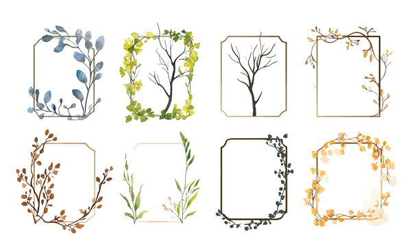 Set of eight botanical rectangular frames with watercolor foliage and branches in various colors for decorative design or invitations