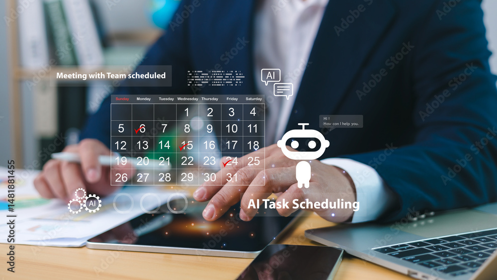 Poster ai task scheduling timeline, ai-enhanced tools empower teams manage workloads, businessman organizin