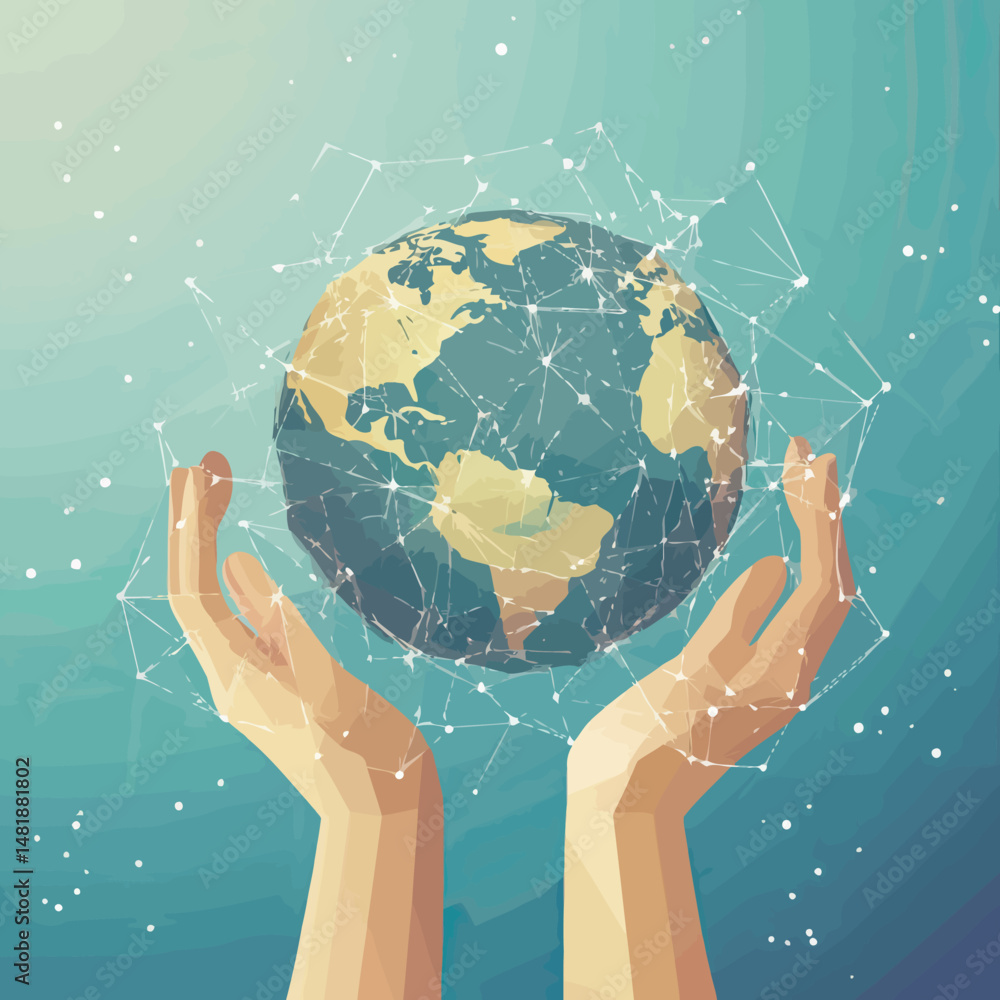 Poster hands holding earth globe with connected network lines polygonal digital low poly style global commu