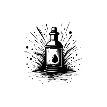 Monochrome depiction of a stylized elixir bottle amidst radiant burst pattern