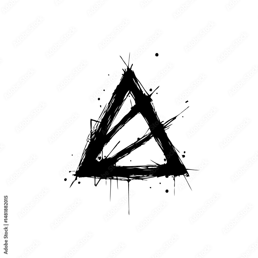 Poster abstract triangular symbol with distressed design against stark white canvas