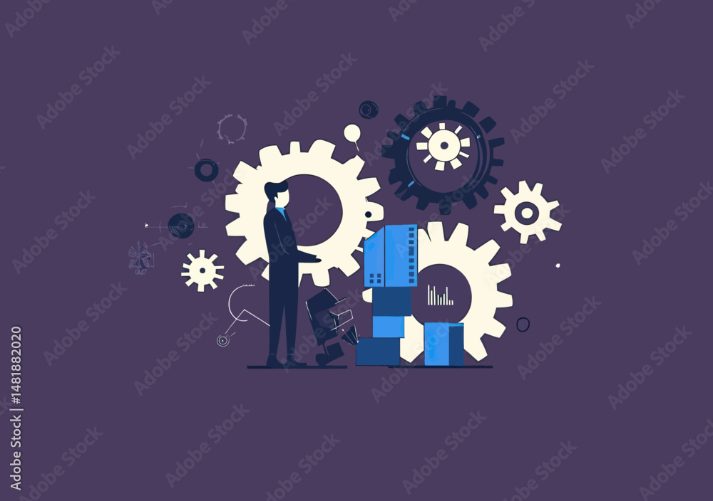 Poster businessman analyzing performance with large cogwheels and data charts efficiency productivity conce