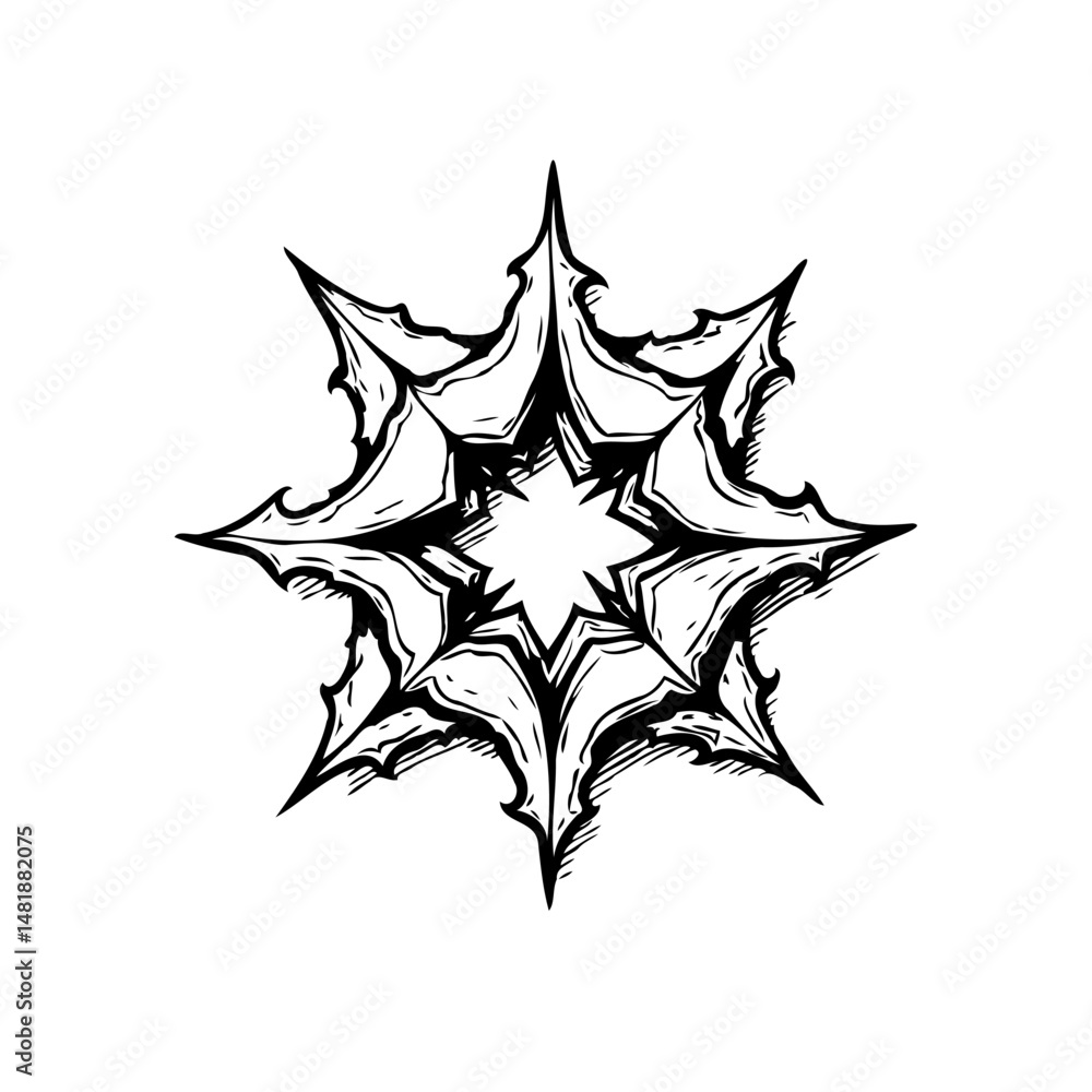 Poster intricate monochrome starburst illustration with sharp points and shading