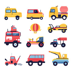 Flat vector set of colorful toy cars vehicles including SUV pickup fire truck bus construction excavator and hot air balloon