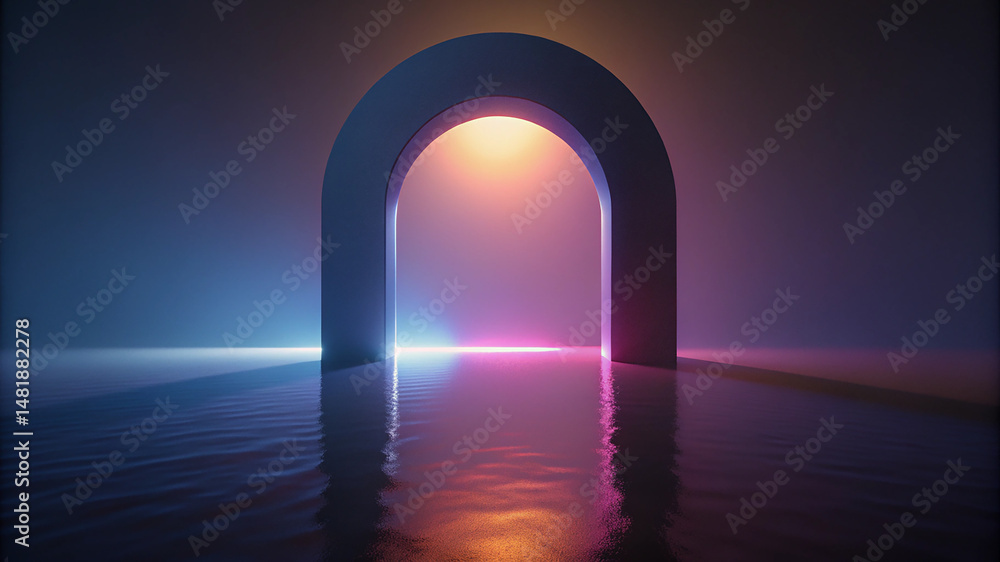 Poster gradient light arch and water reflections in abstract futuristic scene