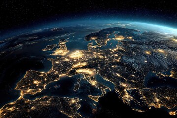 High-level aerial view of Europe, showing illuminated cities at night across multiple countries.
