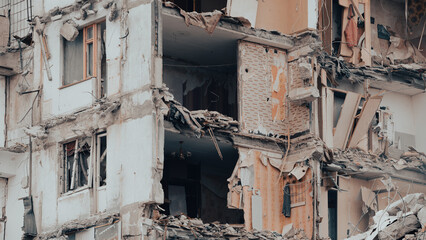 ruined street and destroyed houses the city war in Ukraine
