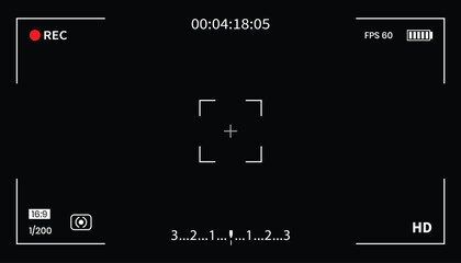 Camera frame. Video screen with rec, viewfinder. Background for record movie. Display with focus, time, battery for videography, surveillance. 