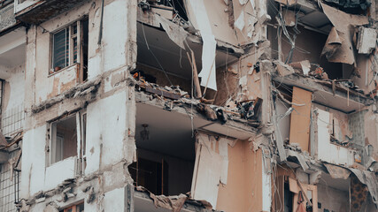 ruined street and destroyed houses the city war in Ukraine