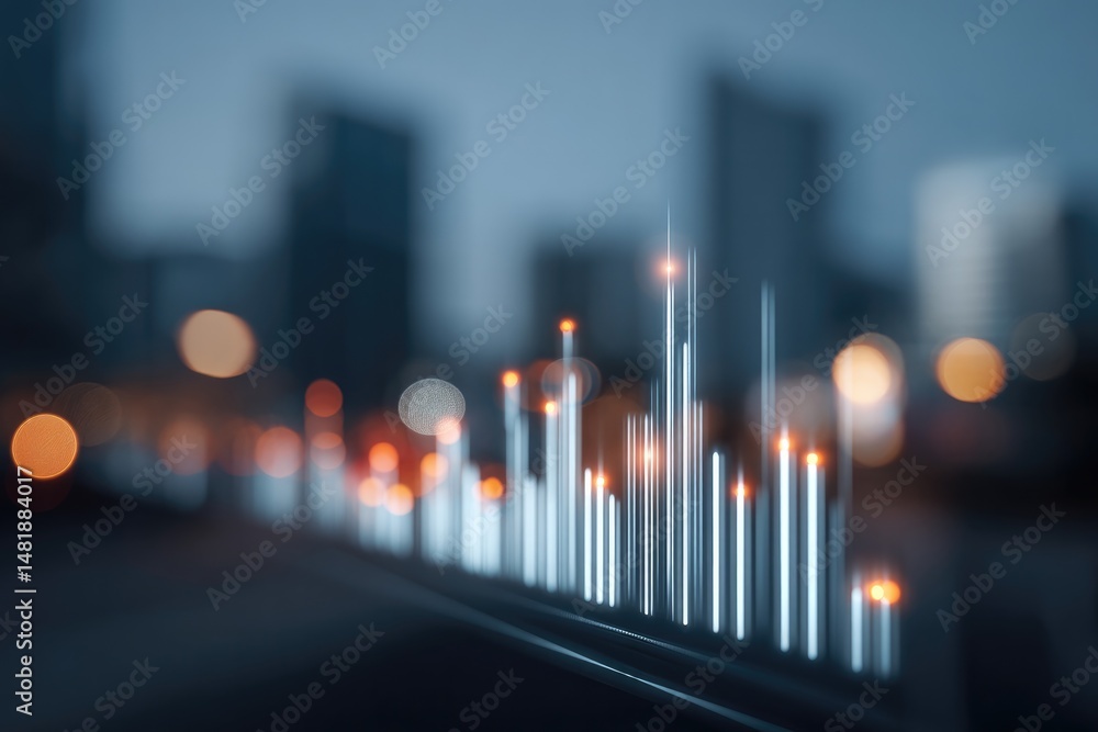 Poster dynamic cityscape with illuminated data visualization rising fro