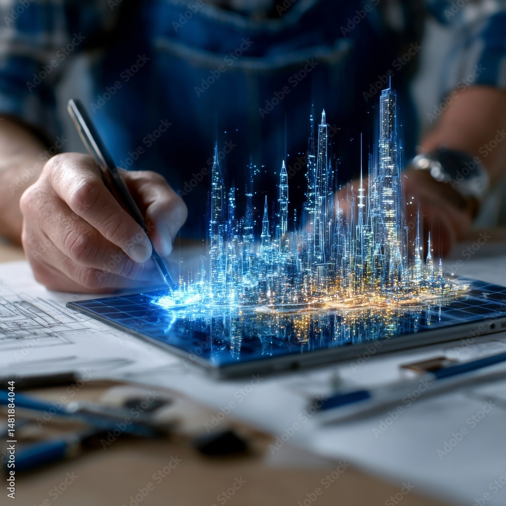 Aufkleber Architect Designing Futuristic Cityscape on Tablet with Blueprints, Engineering Innovation Display