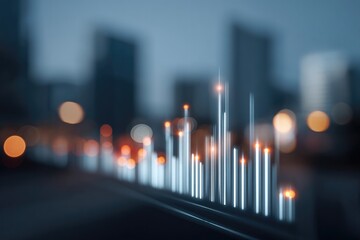 Dynamic cityscape with illuminated data visualization rising fro