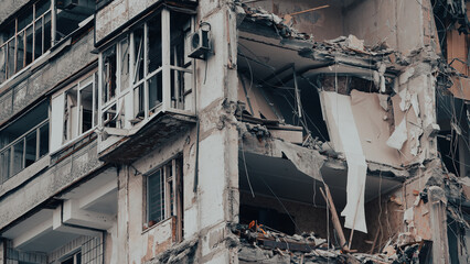 Fototapeta premium ruined street and destroyed houses the city war in Ukraine