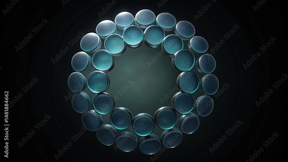 Poster glass disc circle shapes on black background in abstract 3d rendering