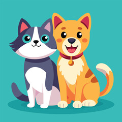 Playful dog and cat duo sitting together in a cheerful flat design style vector art 