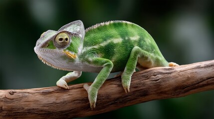 Obraz premium Green and white lizard is sitting on a branch. The lizard is looking at the camera