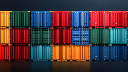 Colorful sea cargo containers stacked in a container yard for business and industrial use, bathed in sunlight.