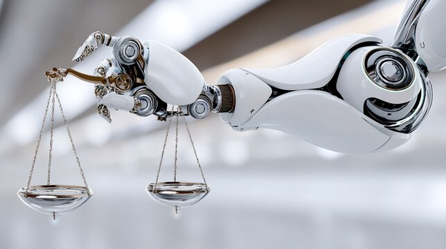 Robotic arm holding scales of justice
