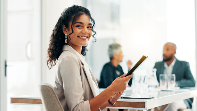 Portrait, smile and business woman with tablet in office for email, finance and tax consultant coworking. Digital technology, happy and confident professional accountant with audit for bookkeeping - Powered by Adobe