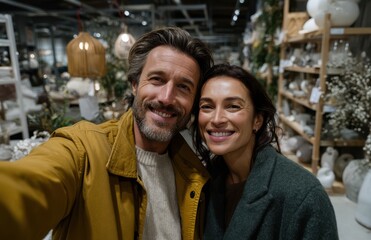 Fototapeta premium Happy couple taking selfie in ceramics shop smiling and holding smartphone
