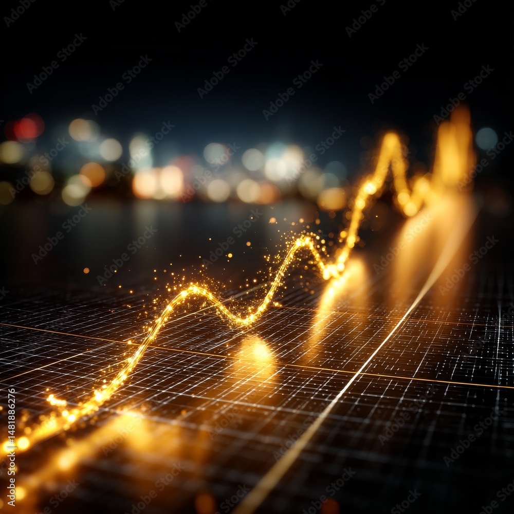 Aufkleber golden data trend: abstract financial growth graph with bokeh city lights in background